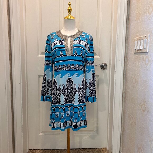 Tory Burch Blue Long Sleeve Beaded Tunic 100% Silk Size Large - Picture 1 of 8